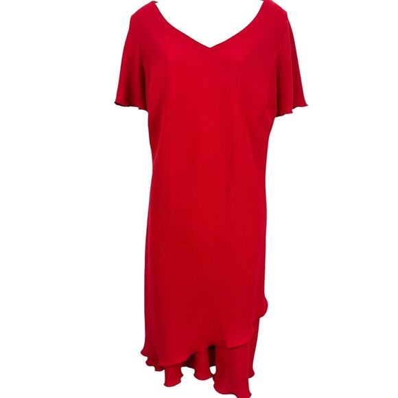 SL Fashions Womens Petite Y2K Short Sleeve USA Made Red V-Neck Dress sz 14 WP - Picture 1 of 16